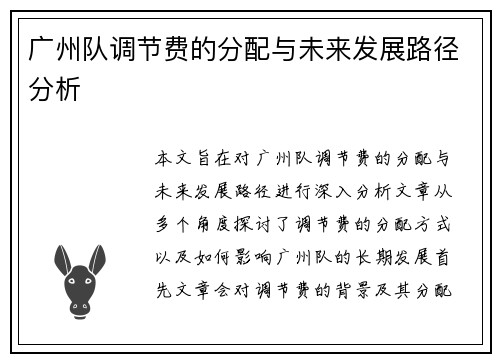广州队调节费的分配与未来发展路径分析