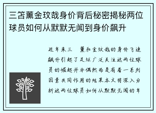 三笘薰金玟哉身价背后秘密揭秘两位球员如何从默默无闻到身价飙升