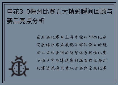申花3-0梅州比赛五大精彩瞬间回顾与赛后亮点分析