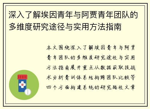 深入了解埃因青年与阿贾青年团队的多维度研究途径与实用方法指南
