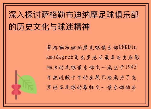 深入探讨萨格勒布迪纳摩足球俱乐部的历史文化与球迷精神
